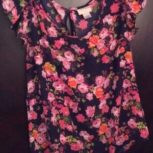 Floral Women's Top - Pink and Orange Blossoms on Navy